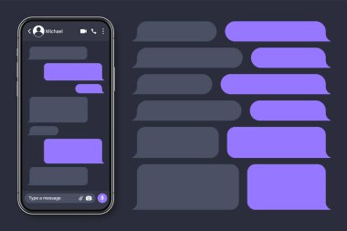 Mesajlaşma uygulaması olan gerçekçi bir akıllı telefon. Boş SMS metin çerçevesi. Menekşe mesaj baloncuklarıyla sohbet ekranı. Sosyal medya uygulaması. Vektör illüstrasyonu