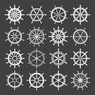 Collection of white vintage steering wheels. Ship, yacht retro wheel symbol. Nautical rudder icon. Marine design element. Vector illustration.