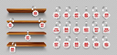Süpermarket tanıtımcılarının olduğu ahşap mağazalar. Ürün rafı ve reklam sallantısı. Duvar rafı. İndirim ya da indirim etiketi, özel fiyat etiketi. Vektör illüstrasyonu.