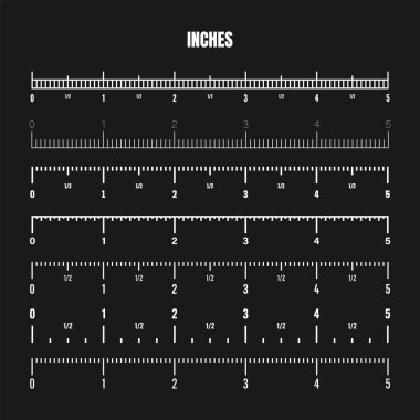 Realistic white inch scale for measuring length or height. Various measurement scales with divisions. Ruler, tape measure marks, size indicators. Vector illustration.
