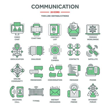 Communication, social media and online chatting. SMS, phone call, messaging in smartphone messenger application. Computing, email web services support. Thin line icons set. Vector illustration.