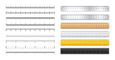 Gerçekçi metal ve plastik cetveller. Bölünme ile ölçü ölçekleri. Ölçüm uzunluğu veya yüksekliği santimetre, inç olarak ölçeklendir. Cetvel, mezura işaretleri, boyut göstergeleri. Vektör illüstrasyonu. 