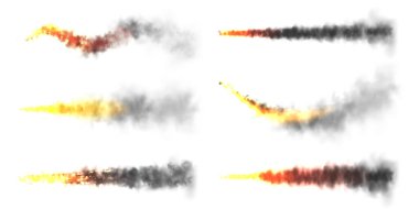 Realistic black smoke with fire, space rocket launch trails. Fire burst, explosion. Missile or bullet trail. Jet aircraft tracks. Smoke clouds, fog. Steam flow. Vector illustration.
