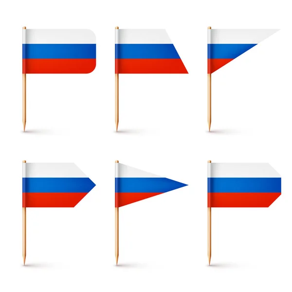 現実的な様々なロシアの爪楊枝フラグ ロシアのお土産 紙の旗を持つ木製のつまようじ 位置情報 地図ポインタ 広告やプロモーションのためのブランクモックアップ ベクターイラスト — ストックベクタ