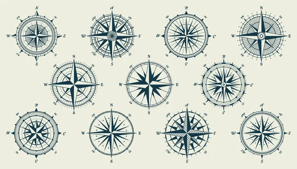 Vintage Morska Róża Wiatrów Karta Żeglarska Monochromatyczny Kompas Nawigacyjny Kardynalnymi — Wektor stockowy