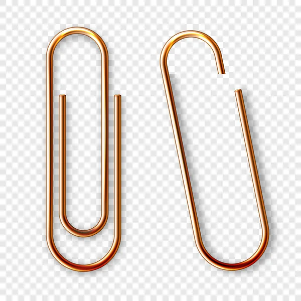 Realistic Copper Paperclip Attached Paper Isolated White Background Shiny Metal — Stock Vector