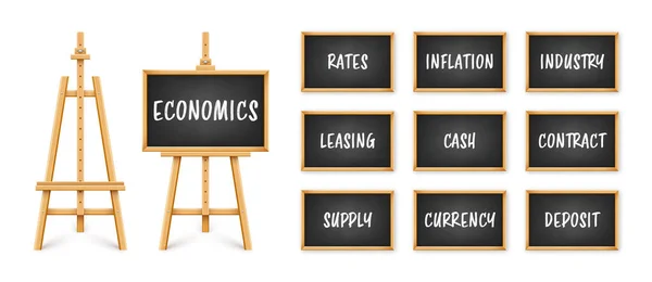 木制画架上的黑色黑板 三脚架上的木制框架黑板 展示板与文字 书写或绘图表面 商业投资 经济和金融 矢量说明 — 图库矢量图片