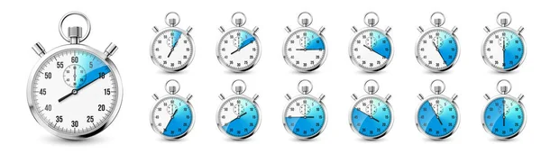 Realistic Classic Stopwatch Icons Shiny Metal Chronometer Time Counter Dial — Stockový vektor