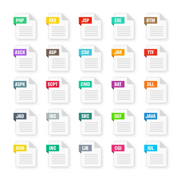 Common System File Formats Document Types Extensions Flat Style Icons — Stock vektor