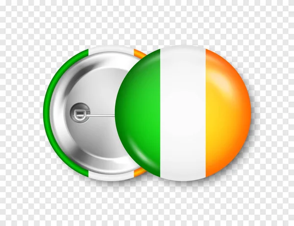 アイルランド国旗をプリントしたボタンバッジです アイルランドのお土産 光沢のある金属クラスプと光沢のあるピンバッジ 広告やプロモーションのための製品モックアップ ベクターイラスト — ストックベクタ