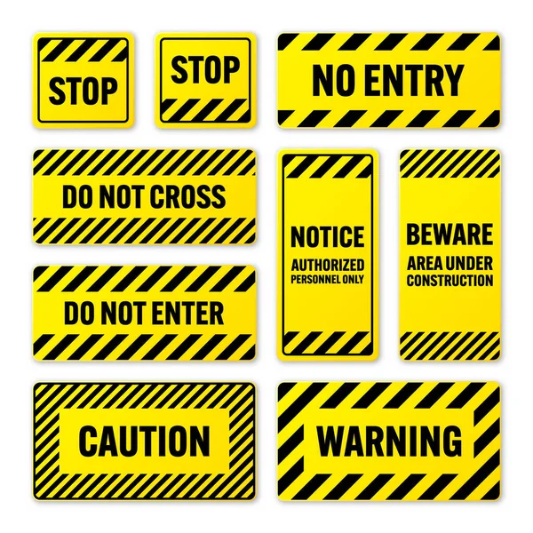 斜線で様々な黒と黄色の警告標識 危険または注意サイン 建設現場の看板 現実的な通知の看板 警告バナー 道路シールド ベクターイラスト — ストックベクタ