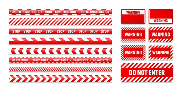 Çeşitli Barikatlar Inşaat Bantları Uyarı Kalkanları Kırmızı Polis Uyarı Hattı — Stok Vektör