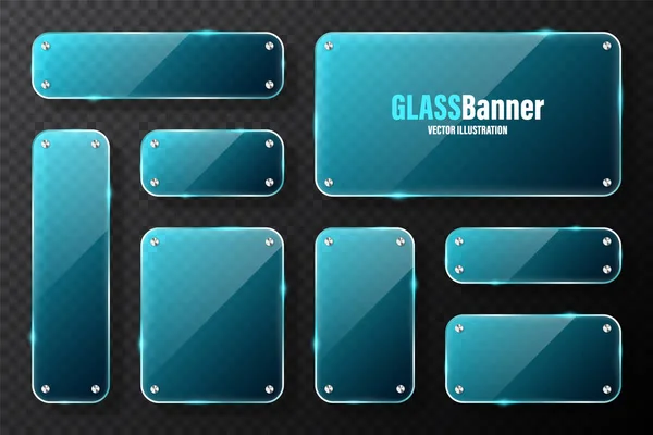 Realistische Glasramen Met Metalen Houders Blauwe Transparante Glazen Spandoeken Met — Stockvector