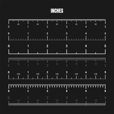 Realistic white inch scale for measuring length or height. Various measurement scales with divisions. Ruler, tape measure marks, size indicators. Vector illustration.