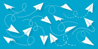 Çeşitli gerçekçi beyaz kağıt uçak koleksiyonu. Noktalı karalama rotalı el yapımı origami uçak. İş konsepti, proje açılışı ve hedef başarısı. Vektör illüstrasyonu.