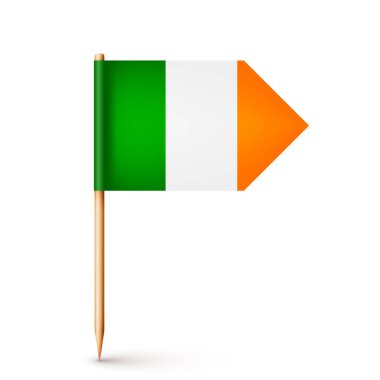 Gerçekçi İrlanda kürdan bayrağı. İrlanda 'dan bir hatıra. Kağıt bayraklı tahta kürdan. Yer belirleyici, harita işaretleyici. Reklam ve promosyonlar için boş bir model. Vektör illüstrasyonu.