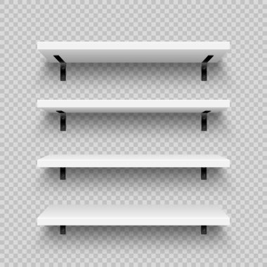Duvarlara monte edilmiş gerçekçi beyaz mağaza rafları. Boş ürün rafı, market rafı. Alışveriş merkezi, süpermarket mobilyası, kitaplık. Modern iç mimari unsuru, oda dekorasyonu. Vektör illüstrasyonu.
