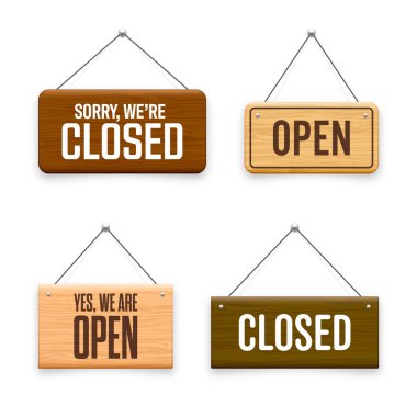 Tahta açık ya da kapalı tabeladır. Kafe, restoran, bar veya perakende mağazası için ahşap kapı tabelasından yapılmış. Duyuru pankartı, iş ya da hizmet için bilgi tabelası. Vektör illüstrasyonu.