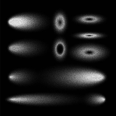 Noktalı gölgeler belirlendi, noktalı tasarım elementleri. Gittikçe azalıyor. Noktalama, noktalama çizimi, noktalar kullanarak gölgeleme. Piksel ayrışması, yarım ton etkisi. Beyaz gürültü tanecikli doku. Vektör illüstrasyonu.