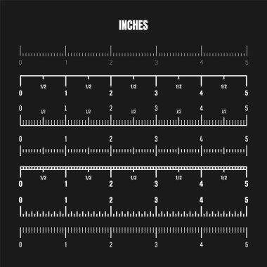 Realistic white inch scale for measuring length or height. Various measurement scales with divisions. Ruler, tape measure marks, size indicators. Vector illustration.