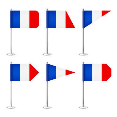 Krom çelik bir direğin üzerinde gerçekçi Fransız bayrakları. Fransa 'dan bir hatıra. Kağıttan ya da kumaştan yapılmış bayrak, parlak metal standı. Promosyon ve reklam için bir model. Vektör illüstrasyonu.