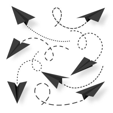 Various realistic black paper planes collection. Handmade origami aircraft with dotted doodle route line. Business concept element, project startup and goal achievement. Vector illustration.