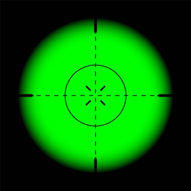 Gece görüşü, keskin nişancı tüfeği optik dürbünü. Çapraz görüşlü av tüfeği arayıcısı. Nişan al, nişan işareti sembolü. Askeri hedef işareti, siluet. Oyun arayüzü UI ögesi. Vektör illüstrasyonu.