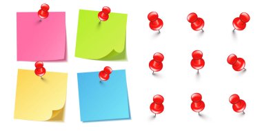 Beyaz arka planda izole edilmiş gerçekçi boş yapışkan notlar. Kırmızı raptiyeli renkli kağıtlar. Kağıt hatırlatıcı ve iğneli plastik raptiye. Tahta raptiyeleri. Vektör illüstrasyonu.