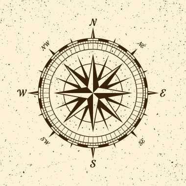 Klasik deniz rüzgârı yükseldi, deniz haritası. Kuzey, Doğu, Güney, Batı 'nın başlıca yönlerini gösteren tek renkli seyir pusulası. Coğrafi konum, haritacılık ve navigasyon. Vektör illüstrasyonu