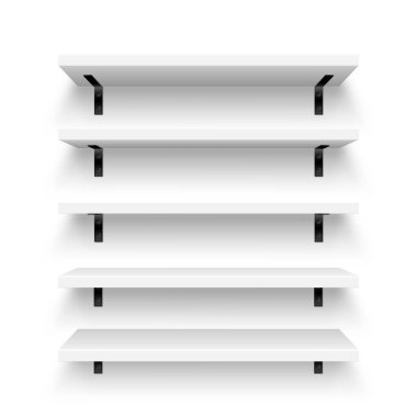 Duvarlara monte edilmiş gerçekçi beyaz mağaza rafları. Boş ürün rafı, market rafı. Alışveriş merkezi, süpermarket mobilyası, kitaplık. Modern iç mimari unsuru, oda dekorasyonu. Vektör illüstrasyonu.