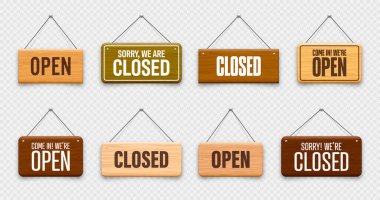 Tahta açık ya da kapalı tabeladır. Kafe, restoran, bar veya perakende mağazası için ahşap kapı tabelasından yapılmış. Duyuru pankartı, iş ya da hizmet için bilgi tabelası. Vektör illüstrasyonu.