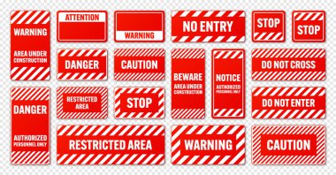 Çapraz çizgileri olan çeşitli beyaz ve kırmızı uyarı işaretleri. Dikkat, tehlike ya da uyarı işareti, inşaat alanı işareti. Gerçekçi uyarı panosu, uyarı panosu, yol kalkanı. Vektör illüstrasyonu.