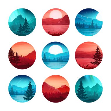 Renkli vahşi doğa manzarası, dağları, tepeleri ve ormanları olan bir manzara. Seyahat ve macera, kamp, vahşi yaşam. Kozalaklı ağaçlar, çalılar ve otlar. Vektör illüstrasyonu.