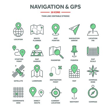 Navigasyon haritası, konum belirleme, GPS konumlama. Koordinat koordinatları, koordinatlar, kardinal noktaları, yer bulucu. Seyahat güzergahı ve yol noktaları planlama. İnce ağ simgeleri ayarlandı. Vektör illüstrasyonu.