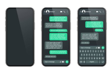 Mesajlaşma uygulaması olan gerçekçi bir akıllı telefon. SMS metin çerçevesi. Yeşil mesaj baloncukları ve yer tutucu metin ile sohbet ekranı. Karanlık mod. Sosyal medya uygulaması. Vektör illüstrasyonu.