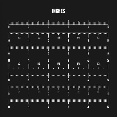 Realistic white inch scale for measuring length or height. Various measurement scales with divisions. Ruler, tape measure marks, size indicators. Vector illustration.
