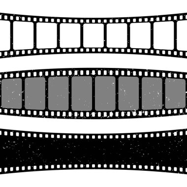 Retro eğimli film şeritleri koleksiyonu. Eski grunge sinema şeridi. Analog video kayıt ekipmanları. Vektör illüstrasyonu.