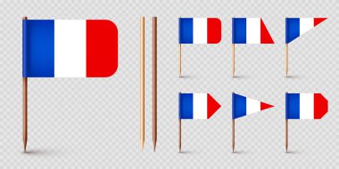 Gerçekçi Fransız kürdan bayrakları. Fransa 'dan bir hatıra. Kağıt bayraklı tahta kürdanlar. Yer belirleyici, harita işaretleyici. Reklam ve promosyonlar için boş bir model. Vektör illüstrasyonu.