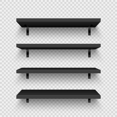 Duvara monte edilmiş gerçekçi siyah mağaza rafları. Boş ürün rafı, market rafı. Alışveriş merkezi, süpermarket mobilyası, kitaplık. Modern iç mimari unsuru, oda dekorasyonu. Vektör illüstrasyonu.