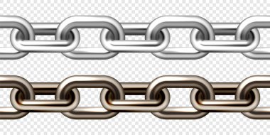 Gerçekçi gümüş ve eski paslı halkalı kahverengi metal zincir. Endüstriyel kullanım için ağır çelik zincir. Vektör illüstrasyonu.