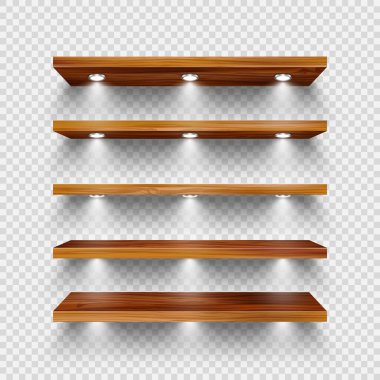 Işıklı, spot ışıklı gerçekçi ahşap mağaza rafları. Boş ürün rafı, market rafı. Alışveriş merkezi, süpermarket mobilyası, kitaplık. Modern iç tasarım elementi. Vektör illüstrasyonu. 