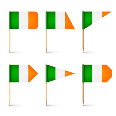 Gerçekçi çeşitli İrlanda kürdan bayrakları. İrlanda 'dan bir hatıra. Kağıt bayraklı tahta kürdanlar. Yer belirleyici, harita işaretleyici. Reklam ve promosyonlar için boş bir model. Vektör illüstrasyonu.