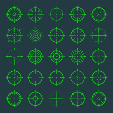Crosshair, silah görüş vektör simgeleri. Tam isabet, yeşil hedef ya da nişan sembolü. Askeri tüfek dürbünü, işaret fişeği. Nişan alıyorum, nişan alıyorum. Okçuluk, avcılık ve spor atıcılığı. Oyun UI ögesi