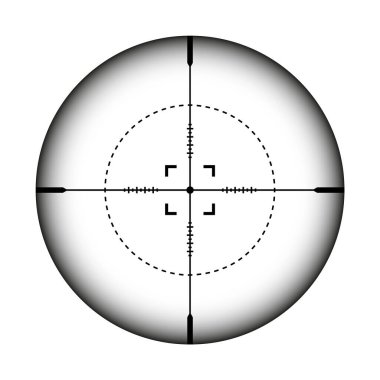 Silah görüşü, keskin nişancı tüfeği optik dürbünü. Çapraz görüşlü av tüfeği arayıcısı. Nişan al, nişan işareti sembolü. Askeri hedef işareti, siluet. Oyun arayüzü UI ögesi. Vektör illüstrasyonu.