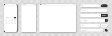 Akıllı telefon, boş internet tarayıcı penceresi ve çeşitli arama çubuğu şablonları. Arama kutusu, adres çubuğu ve metin alanı olan web sitesi motoru. UI tasarımı, web sitesi arayüzü elemanları. Vektör illüstrasyonu.