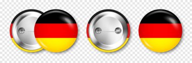 Üzerinde basılı Alman bayrağı olan gerçekçi bir rozet. Almanya 'dan bir hatıra. Parlak metal tokalı parlak rozet. Reklam ve tanıtım için ürün modeli. Vektör illüstrasyonu.