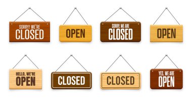 Tahta açık ya da kapalı tabeladır. Kafe, restoran, bar veya perakende mağazası için ahşap kapı tabelasından yapılmış. Duyuru pankartı, iş ya da hizmet için bilgi tabelası. Vektör illüstrasyonu.