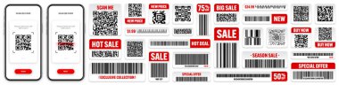 Ürün barkodları ve soru cevap kodları. Akıllı telefon uygulaması, tarayıcı uygulaması. İndirim etiketleri, indirim etiketleri ya da promosyon rozeti. Seri numarası, ürün kimliği. Market, süpermarket tarama etiketleri. Vektör illüstrasyonu.