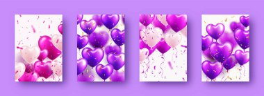 Menekşe kalp balonlu sevgililer günü pankartları. Düğün davetiyesi şablonu, aşk geçmişi. Anneler Günü tebrik kartları. Güzel romantik afiş. Vektör illüstrasyonu.