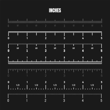 Realistic white inch scale for measuring length or height. Various measurement scales with divisions. Ruler, tape measure marks, size indicators. Vector illustration.